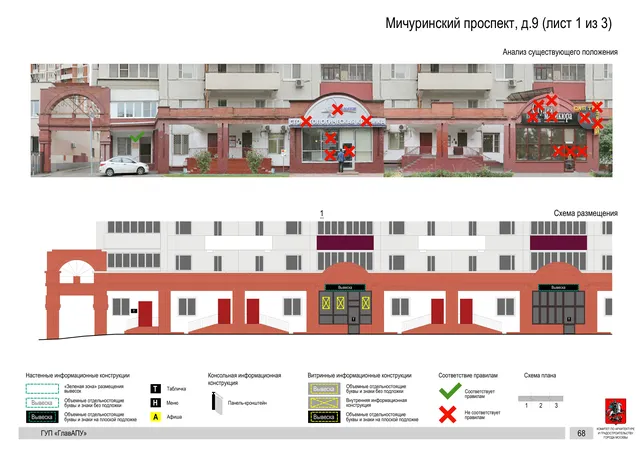 Архитектурная концепция размещения вывесок — Мичуринский проспект, 9, Москва, лист 1 из 3 · Документ по адресу · Архитектурно-художественная концепция · 2016 год
