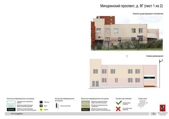 Архитектурная концепция размещения вывесок — Мичуринский проспект, 9Г, Москва, лист 1 из 2 · Документ по адресу · Архитектурно-художественная концепция · 2016 год