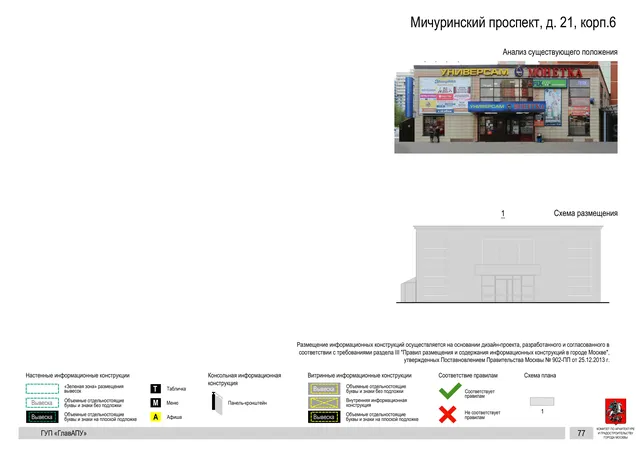 Архитектурная концепция размещения вывесок — Мичуринский проспект, 21, корп. 6, Москва, страница PDF 77 · Документ по адресу · Архитектурно-художественная концепция · 2016 год