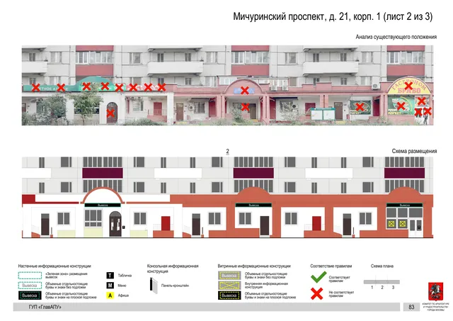 Архитектурная концепция размещения вывесок — Мичуринский проспект, 21, корп. 1, Москва, лист 2 из 3 · Документ по адресу · Архитектурно-художественная концепция · 2016 год