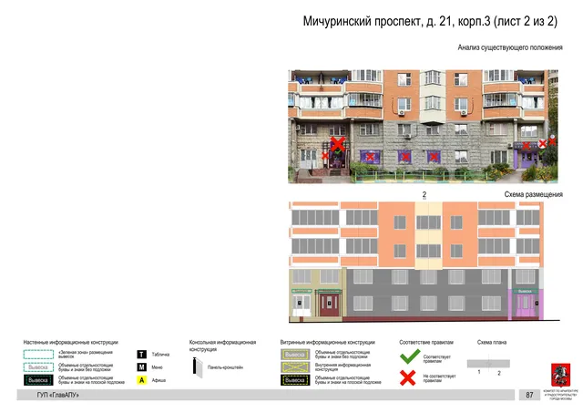 Архитектурная концепция размещения вывесок — Мичуринский проспект, 21, корп. 3, Москва, лист 2 из 2 · Документ по адресу · Архитектурно-художественная концепция · 2016 год