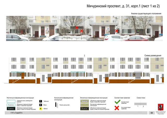Архитектурная концепция размещения вывесок — Мичуринский проспект, 31, корп. 1, Москва, лист 1 из 2 · Документ по адресу · Архитектурно-художественная концепция · 2016 год