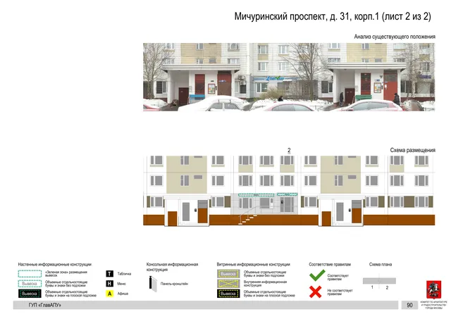Архитектурная концепция размещения вывесок — Мичуринский проспект, 31, корп. 1, Москва, лист 2 из 2 · Документ по адресу · Архитектурно-художественная концепция · 2016 год