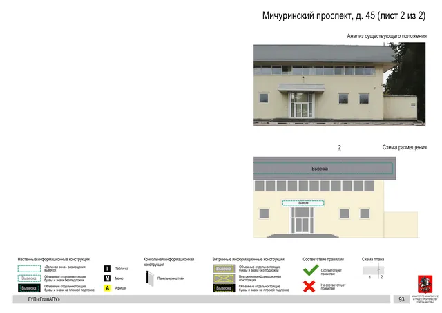 Архитектурная концепция размещения вывесок — Мичуринский проспект, 45, Москва, лист 2 из 2 · Документ по адресу · Архитектурно-художественная концепция · 2016 год