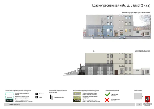 Архитектурная концепция размещения вывесок — Краснопресненская набережная, 6, Москва, лист 2 из 2 · Документ по адресу · Архитектурно-художественная концепция · 2019 год