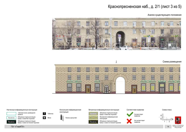 Архитектурная концепция размещения вывесок — Краснопресненская набережная, 2/1, Москва, лист 3 из 5 · Документ по адресу · Архитектурно-художественная концепция · 2019 год