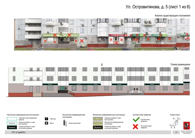 Архитектурная концепция размещения вывесок — Островитянова улица, 5, Москва, лист 1 из 6 · Документ по адресу · Архитектурно-художественная концепция · 2016 год