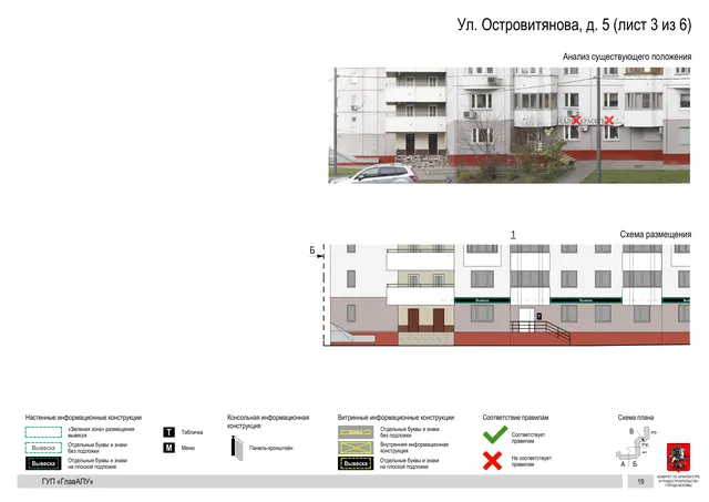 Архитектурная концепция размещения вывесок — Островитянова улица, 5, Москва, лист 3 из 6 · Документ по адресу · Архитектурно-художественная концепция · 2016 год