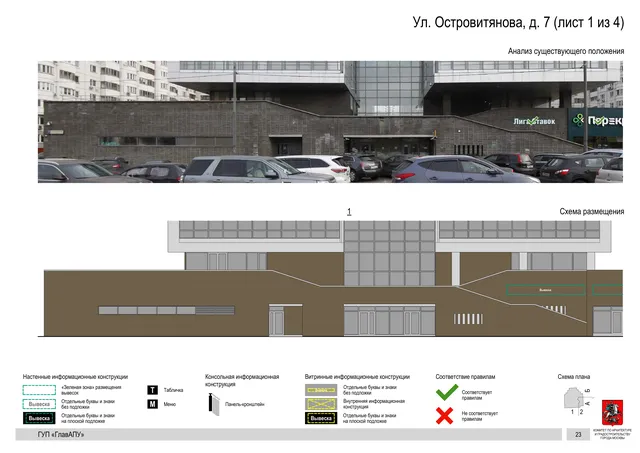 Архитектурная концепция размещения вывесок — Островитянова улица, 7, Москва, лист 1 из 4 · Документ по адресу · Архитектурно-художественная концепция · 2016 год
