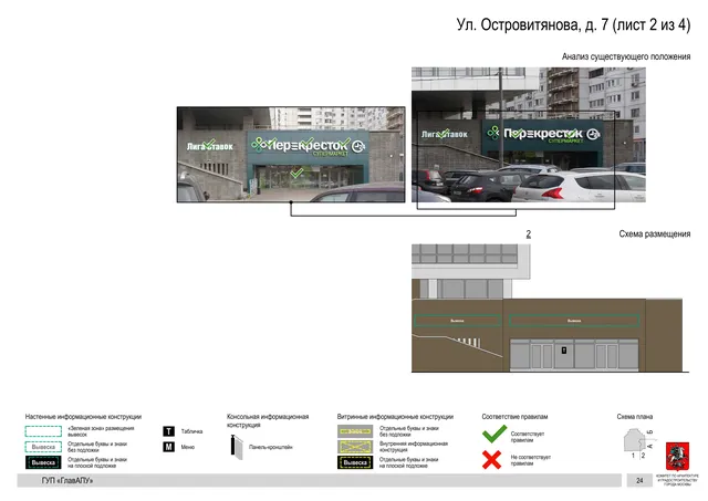 Архитектурная концепция размещения вывесок — Островитянова улица, 7, Москва, лист 2 из 4 · Документ по адресу · Архитектурно-художественная концепция · 2016 год