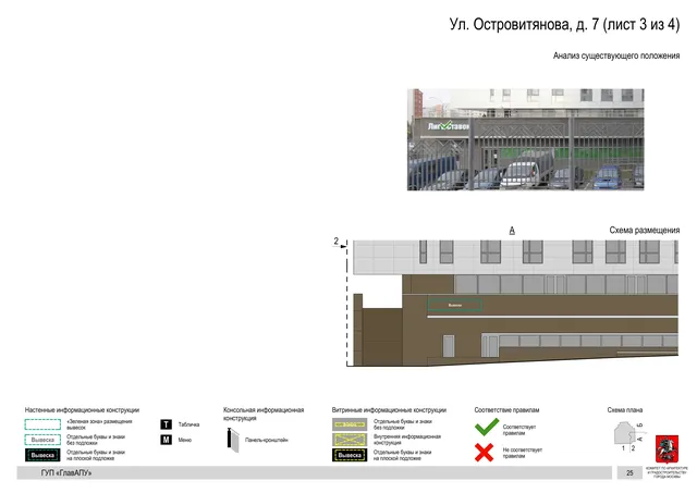 Архитектурная концепция размещения вывесок — Островитянова улица, 7, Москва, лист 3 из 4 · Документ по адресу · Архитектурно-художественная концепция · 2016 год