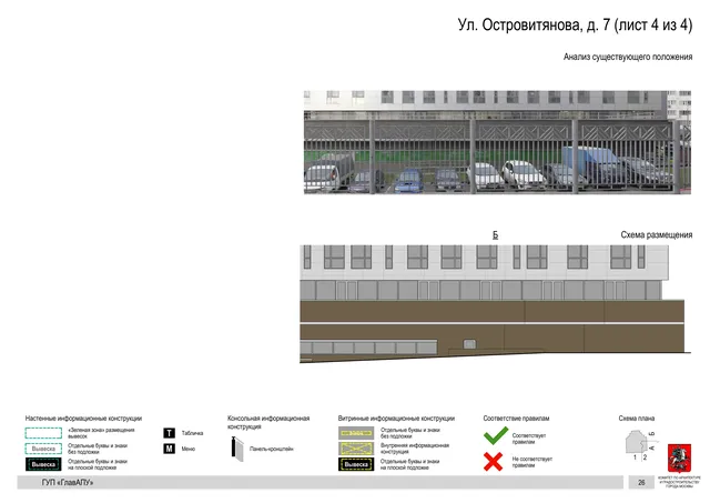 Архитектурная концепция размещения вывесок — Островитянова улица, 7, Москва, лист 4 из 4 · Документ по адресу · Архитектурно-художественная концепция · 2016 год