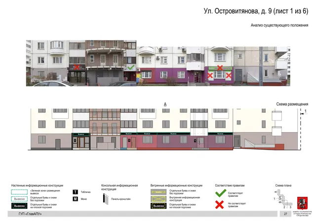 Архитектурная концепция размещения вывесок — Островитянова улица, 9, Москва, лист 1 из 6 · Документ по адресу · Архитектурно-художественная концепция · 2016 год
