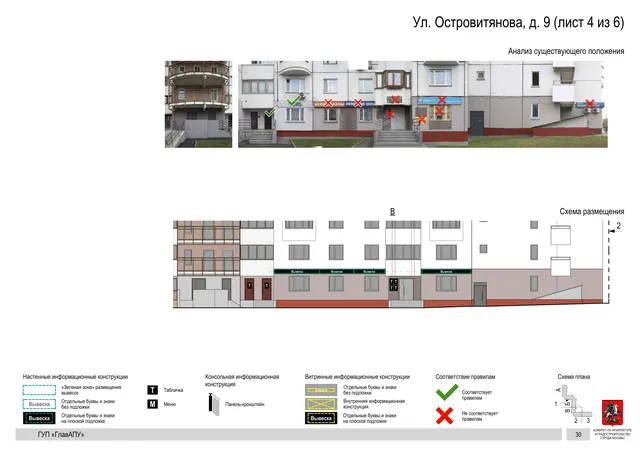 Архитектурная концепция размещения вывесок — Островитянова улица, 9, Москва, лист 4 из 6 · Документ по адресу · Архитектурно-художественная концепция · 2016 год