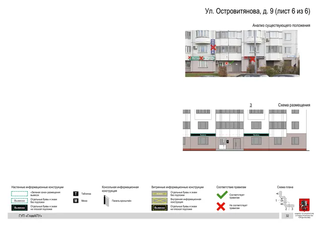 Архитектурная концепция размещения вывесок — Островитянова улица, 9, Москва, лист 6 из 6 · Документ по адресу · Архитектурно-художественная концепция · 2016 год