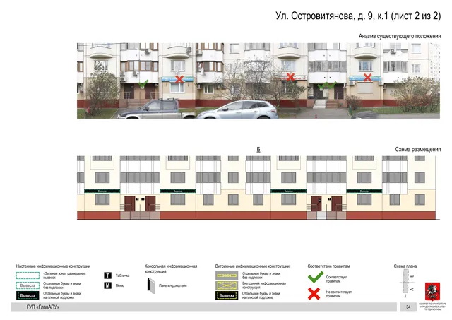 Архитектурная концепция размещения вывесок — Островитянова улица, 9, корп. 1, Москва, лист 2 из 2 · Документ по адресу · Архитектурно-художественная концепция · 2016 год