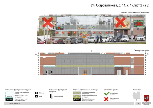 Архитектурная концепция размещения вывесок — Островитянова улица, 11, корп. 1, Москва, лист 2 из 3 · Документ по адресу · Архитектурно-художественная концепция · 2016 год