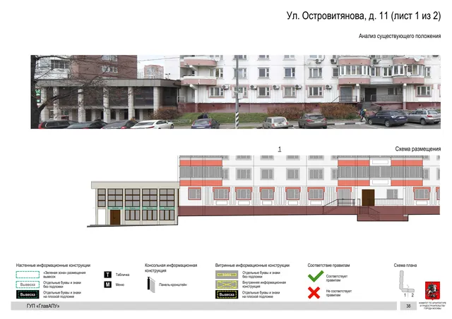 Архитектурная концепция размещения вывесок — Островитянова улица, 11, Москва, лист 1 из 2 · Документ по адресу · Архитектурно-художественная концепция · 2016 год