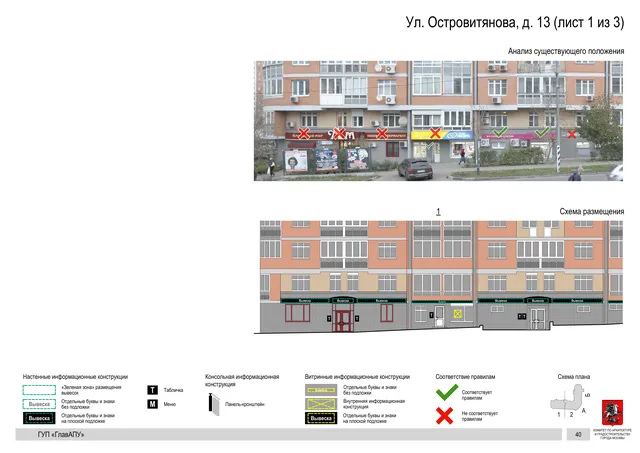 Архитектурная концепция размещения вывесок — Островитянова улица, 13, Москва, лист 1 из 3 · Документ по адресу · Архитектурно-художественная концепция · 2016 год
