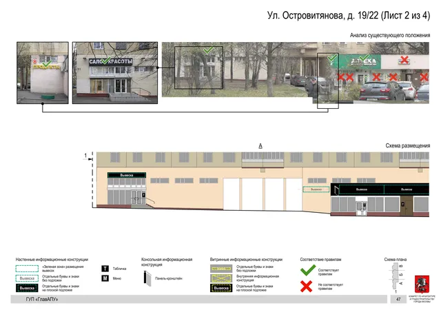 Архитектурная концепция размещения вывесок — Островитянова улица, 19/22, Москва, лист 2 из 4 · Документ по адресу · Архитектурно-художественная концепция · 2016 год