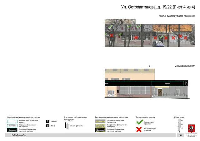 Архитектурная концепция размещения вывесок — Островитянова улица, 19/22, Москва, лист 4 из 4 · Документ по адресу · Архитектурно-художественная концепция · 2016 год