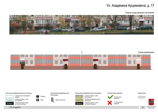 Архитектурная концепция размещения вывесок — Академика арцимовича улица, 17, Москва, страница PDF 50 · Документ по адресу · Архитектурно-художественная концепция · 2016 год