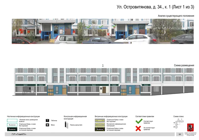 Архитектурная концепция размещения вывесок — Островитянова улица, 34, корп. 1, Москва, лист 1 из 3 · Документ по адресу · Архитектурно-художественная концепция · 2016 год