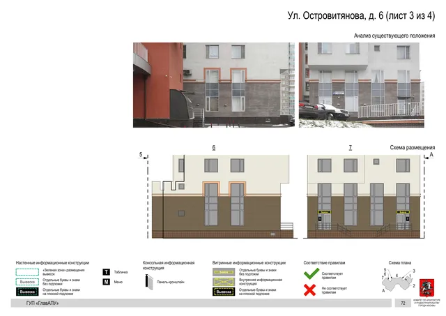 Архитектурная концепция размещения вывесок — Островитянова улица, 6, Москва, лист 3 из 4 · Документ по адресу · Архитектурно-художественная концепция · 2016 год