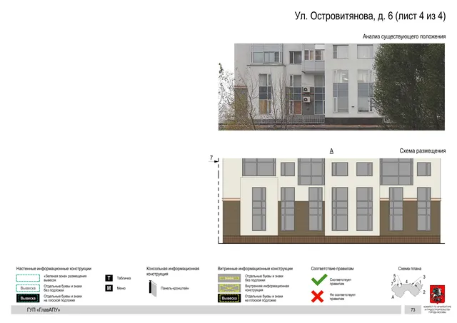 Архитектурная концепция размещения вывесок — Островитянова улица, 6, Москва, лист 4 из 4 · Документ по адресу · Архитектурно-художественная концепция · 2016 год