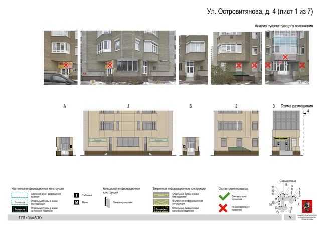 Архитектурная концепция размещения вывесок — Островитянова улица, 4, Москва, лист 1 из 7 · Документ по адресу · Архитектурно-художественная концепция · 2016 год