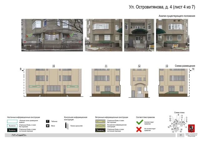 Архитектурная концепция размещения вывесок — Островитянова улица, 4, Москва, лист 4 из 7 · Документ по адресу · Архитектурно-художественная концепция · 2016 год