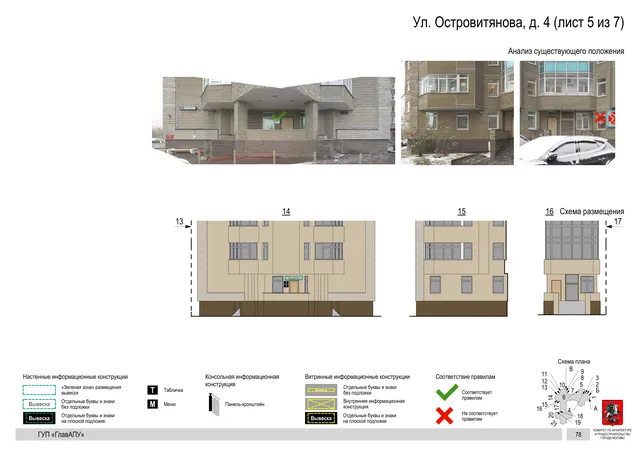 Архитектурная концепция размещения вывесок — Островитянова улица, 4, Москва, лист 5 из 7 · Документ по адресу · Архитектурно-художественная концепция · 2016 год