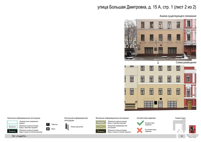 улица Большая Дмитровка, д. 15 А, стр. 1 (лист 2 из 2) · PDF 21 Архитектурная концепция размещения вывесок — Большая дмитровка улица, 15А, стр. 1, Москва, лист 2 из 2 · Документ по адресу · Архитектурно-художественная концепция