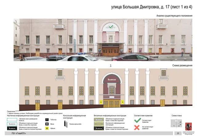 Архитектурная концепция размещения вывесок — Большая дмитровка улица, 17, Москва, лист 1 из 4 · Документ по адресу · Архитектурно-художественная концепция
