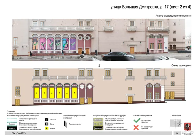 Архитектурная концепция размещения вывесок — Большая дмитровка улица, 17, Москва, лист 2 из 4 · Документ по адресу · Архитектурно-художественная концепция