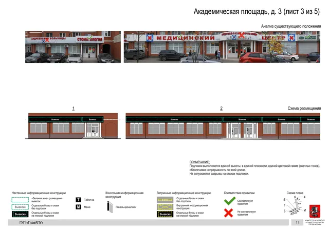 Архитектурная концепция размещения вывесок — Академическая площадь, 3, Москва, лист 3 из 5 · Документ по адресу · Архитектурно-художественная концепция · 2016 год