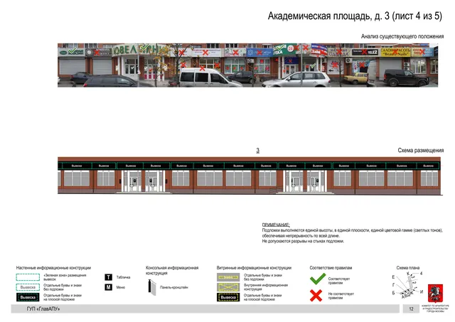 Архитектурная концепция размещения вывесок — Академическая площадь, 3, Москва, лист 4 из 5 · Документ по адресу · Архитектурно-художественная концепция · 2016 год