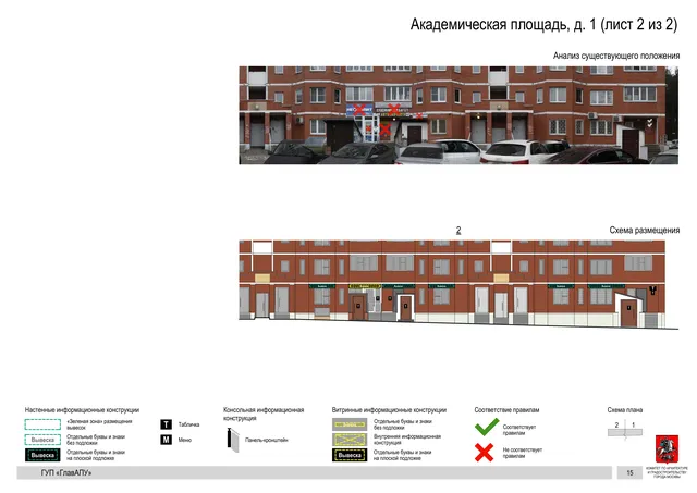 Архитектурная концепция размещения вывесок — Академическая площадь, 1, Москва, лист 2 из 2 · Документ по адресу · Архитектурно-художественная концепция · 2016 год