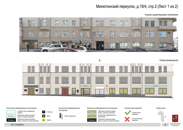 Архитектурная концепция размещения вывесок — Милютинский переулок, 19/4, стр. 2, Москва, лист 1 из 2 · Документ по адресу · Архитектурно-художественная концепция