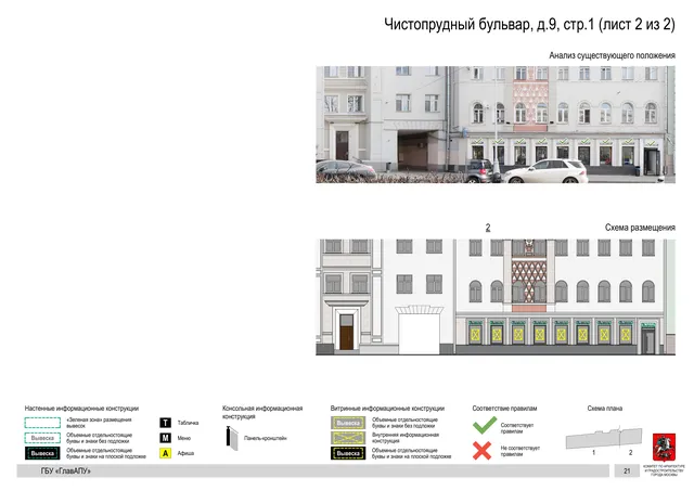 Архитектурная концепция размещения вывесок — Чистопрудный бульвар, 9, стр. 1, Москва, лист 2 из 2 · Документ по адресу · Архитектурно-художественная концепция