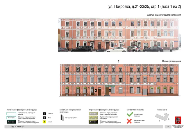 Архитектурная концепция размещения вывесок — Покровка улица, 21-23/25, стр. 1, Москва, лист 1 из 2 · Адрес также найден в другом документе · Архитектурно-художественная концепция