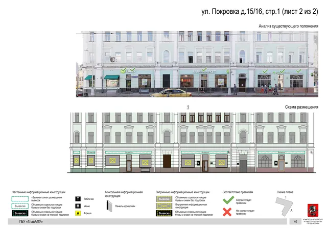 Архитектурная концепция размещения вывесок — Покровка улица, 15/16, стр. 1, Москва, лист 2 из 2 · Адрес также найден в другом документе · Архитектурно-художественная концепция