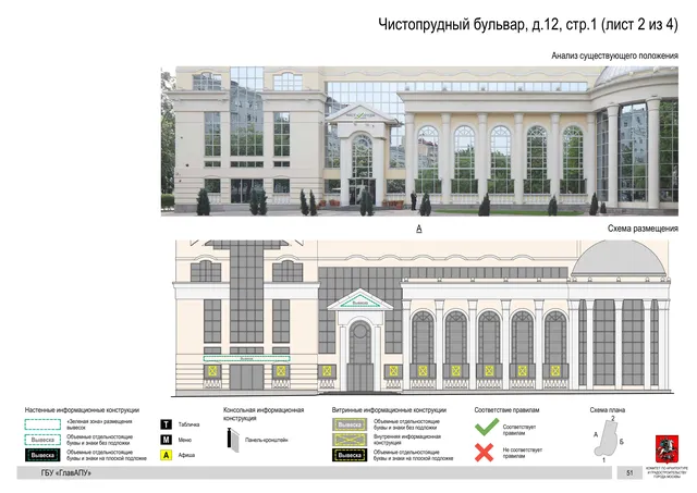 Архитектурная концепция размещения вывесок — Чистопрудный бульвар, 12, стр. 1, Москва, лист 2 из 4 · Документ по адресу · Архитектурно-художественная концепция