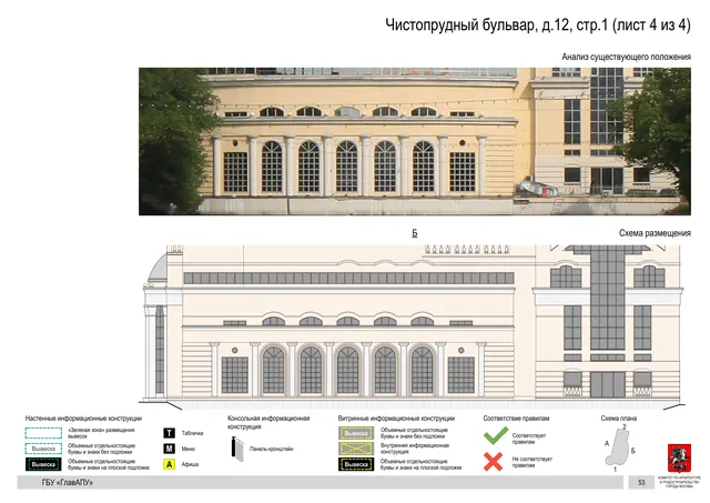Архитектурная концепция размещения вывесок — Чистопрудный бульвар, 12, стр. 1, Москва, лист 4 из 4 · Документ по адресу · Архитектурно-художественная концепция