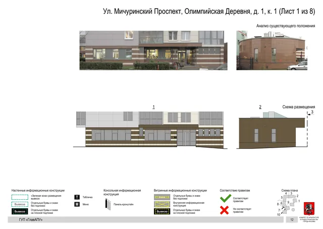 Архитектурная концепция размещения вывесок — Мичуринский олимпийская деревня улица, 1, корп. 1, Москва, лист 1 из 8 · Документ по адресу · Архитектурно-художественная концепция · 2016 год