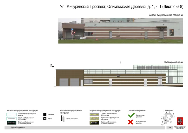 Архитектурная концепция размещения вывесок — Мичуринский олимпийская деревня улица, 1, корп. 1, Москва, лист 2 из 8 · Документ по адресу · Архитектурно-художественная концепция · 2016 год