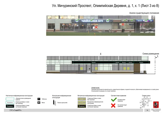 Архитектурная концепция размещения вывесок — Мичуринский олимпийская деревня улица, 1, корп. 1, Москва, лист 3 из 8 · Документ по адресу · Архитектурно-художественная концепция · 2016 год