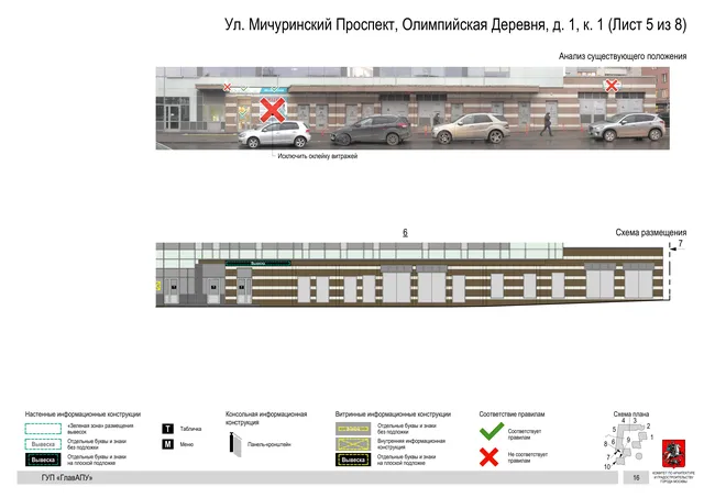 Архитектурная концепция размещения вывесок — Мичуринский олимпийская деревня улица, 1, корп. 1, Москва, лист 5 из 8 · Документ по адресу · Архитектурно-художественная концепция · 2016 год