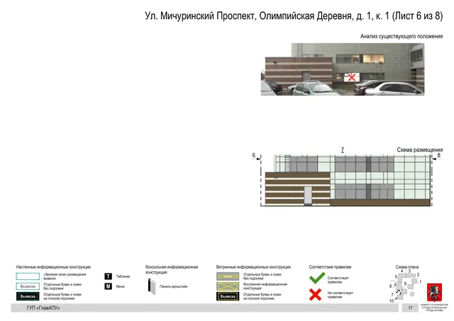Архитектурная концепция размещения вывесок — Мичуринский олимпийская деревня улица, 1, корп. 1, Москва, лист 6 из 8 · Документ по адресу · Архитектурно-художественная концепция · 2016 год