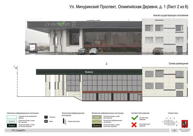 Архитектурная концепция размещения вывесок — Мичуринский олимпийская деревня улица, 1, Москва, лист 2 из 6 · Документ по адресу · Архитектурно-художественная концепция · 2016 год